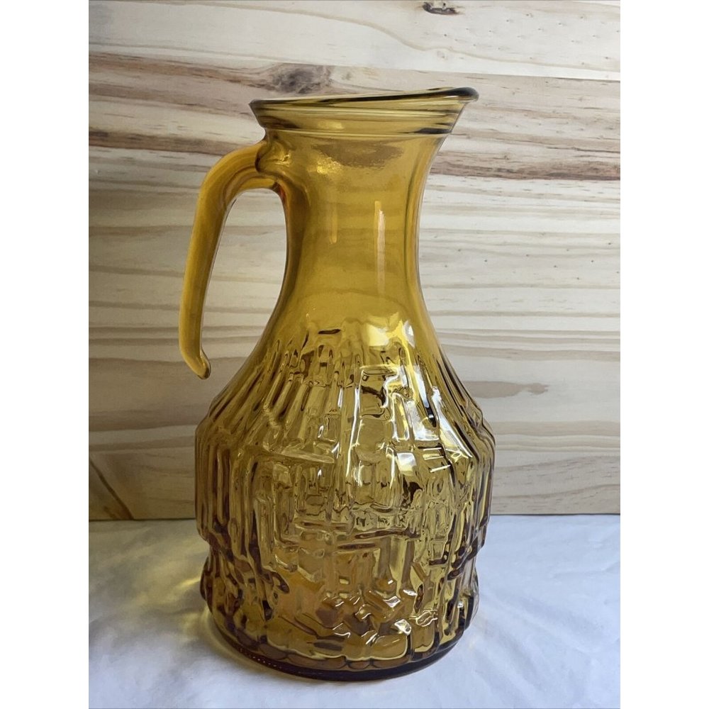 Italian Amber Glass Water Pitcher Carafe Made in Italy Textured Vintage Mid Cent